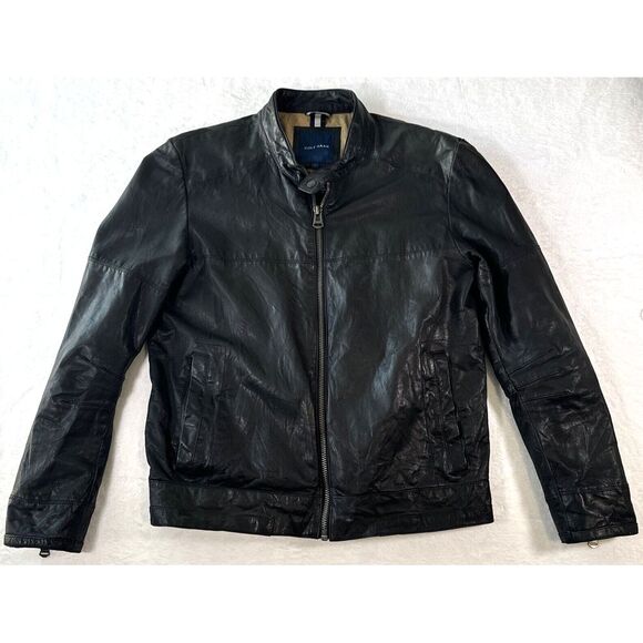 COLE HAAN GOATSKIN LEATHER Mens‎ L Black Moto Biker Bomber Jacket Zipper Cuffs - Picture 1 of 16